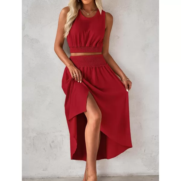 luvamia Two Piece Skirt Sets for Women Smocked Crop Top High Waisted High Low Split Maxi Skirt Co Ord Matching Dress SetTango Red