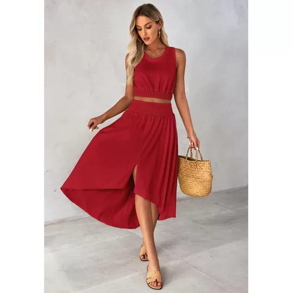 luvamia Two Piece Skirt Sets for Women Smocked Crop Top High Waisted High Low Split Maxi Skirt Co Ord Matching Dress SetTango Red