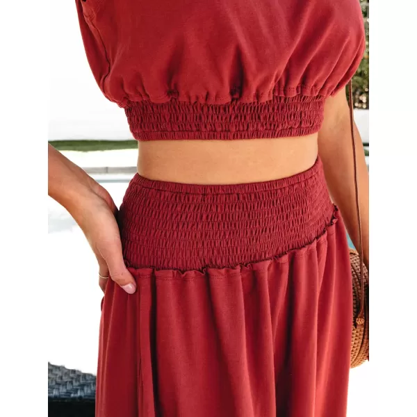 luvamia Two Piece Skirt Sets for Women Smocked Crop Top High Waisted High Low Split Maxi Skirt Co Ord Matching Dress SetTango Red