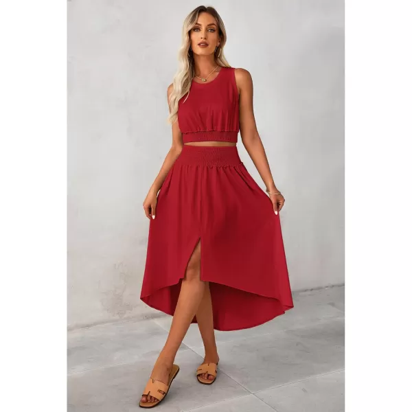 luvamia Two Piece Skirt Sets for Women Smocked Crop Top High Waisted High Low Split Maxi Skirt Co Ord Matching Dress SetTango Red