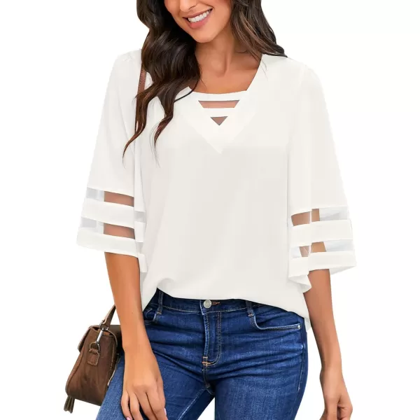 luvamia Women Casual Strappy V Neck Blouse 34 Bell Sleeve Mesh Panel Shirts TopA Bright White