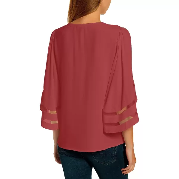 luvamia Women Casual Strappy V Neck Blouse 34 Bell Sleeve Mesh Panel Shirts TopA Cranberry