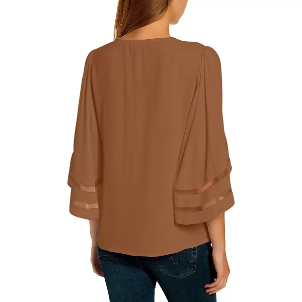 luvamia Women Casual Strappy V Neck Blouse 34 Bell Sleeve Mesh Panel Shirts TopB Amber Brown