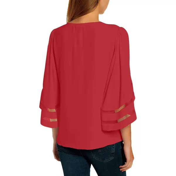 luvamia Women Casual Strappy V Neck Blouse 34 Bell Sleeve Mesh Panel Shirts TopB Fiery Red