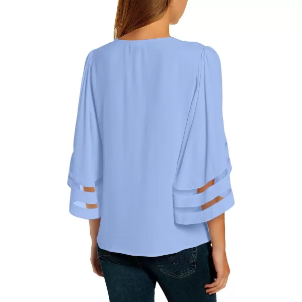 luvamia Women Casual Strappy V Neck Blouse 34 Bell Sleeve Mesh Panel Shirts TopB Hydrangea Purple Blue