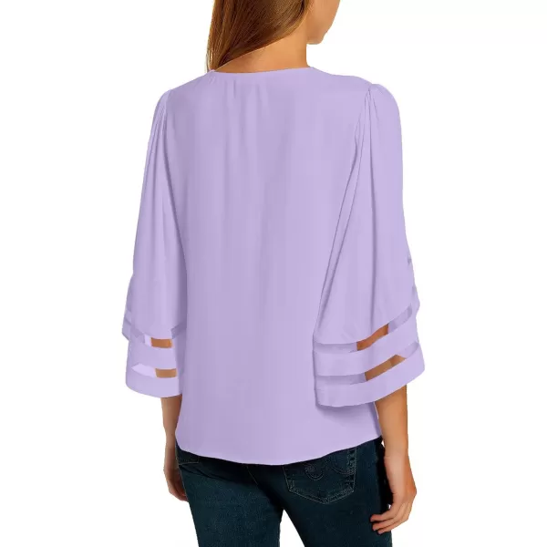 luvamia Women Casual Strappy V Neck Blouse 34 Bell Sleeve Mesh Panel Shirts TopB Lavender