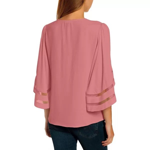 luvamia Women Casual Strappy V Neck Blouse 34 Bell Sleeve Mesh Panel Shirts TopB Rosette