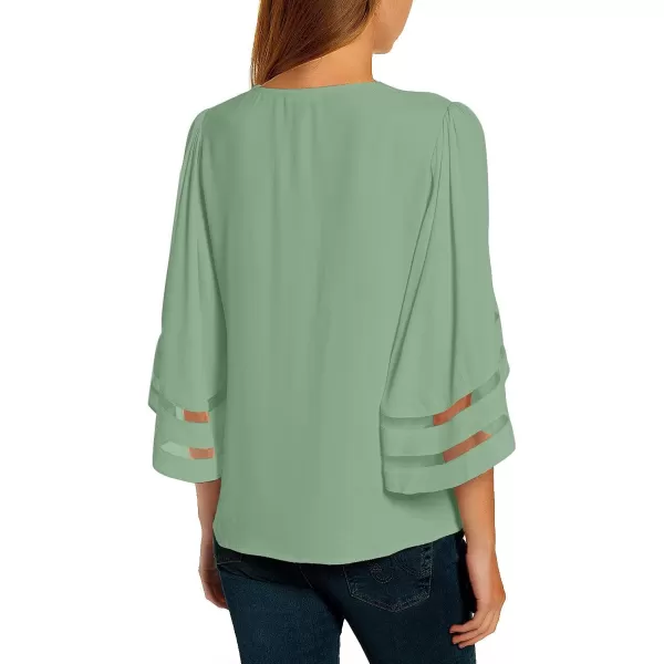 luvamia Women Casual Strappy V Neck Blouse 34 Bell Sleeve Mesh Panel Shirts TopB Sprucestone