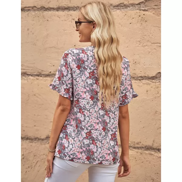 luvamia Womens Casual V Neck Tops Ruffle Short Sleeve Blouses Button Down ShirtsB Gray Floral