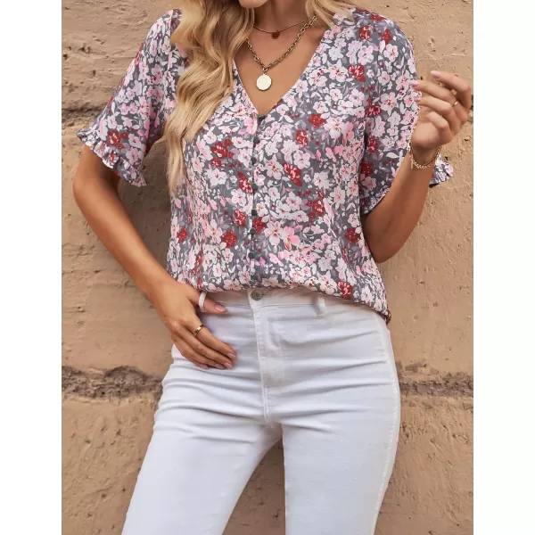 luvamia Womens Casual V Neck Tops Ruffle Short Sleeve Blouses Button Down ShirtsB Gray Floral