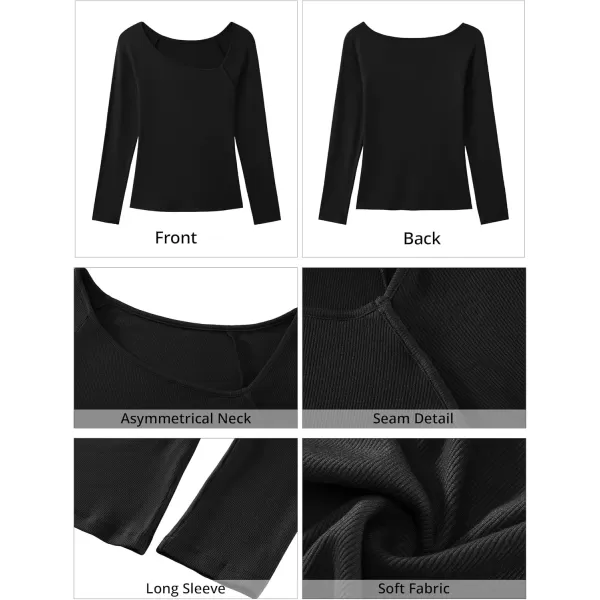 luvamia Womens Long Sleeve Tops Asymmetrical Neck Shirts Trendy Fall Clothes Going Out Stretchy Top Fitted BlousesBlack