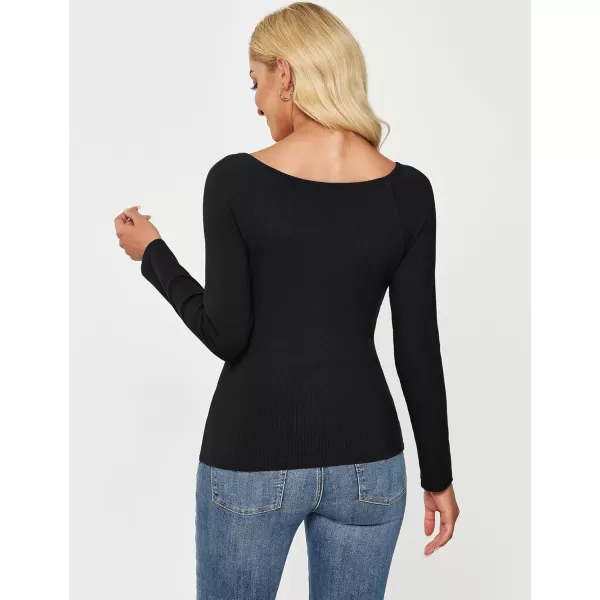 luvamia Womens Long Sleeve Tops Asymmetrical Neck Shirts Trendy Fall Clothes Going Out Stretchy Top Fitted BlousesBlack