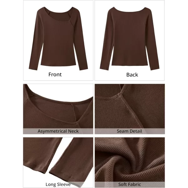 luvamia Womens Long Sleeve Tops Asymmetrical Neck Shirts Trendy Fall Clothes Going Out Stretchy Top Fitted BlousesChocolate Brown