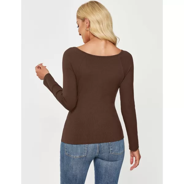 luvamia Womens Long Sleeve Tops Asymmetrical Neck Shirts Trendy Fall Clothes Going Out Stretchy Top Fitted BlousesChocolate Brown