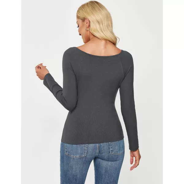 luvamia Womens Long Sleeve Tops Asymmetrical Neck Shirts Trendy Fall Clothes Going Out Stretchy Top Fitted BlousesGray