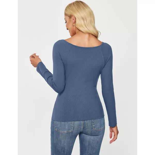 luvamia Womens Long Sleeve Tops Asymmetrical Neck Shirts Trendy Fall Clothes Going Out Stretchy Top Fitted BlousesGray Blue