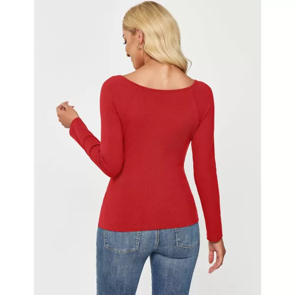 luvamia Womens Long Sleeve Tops Asymmetrical Neck Shirts Trendy Fall Clothes Going Out Stretchy Top Fitted BlousesRed