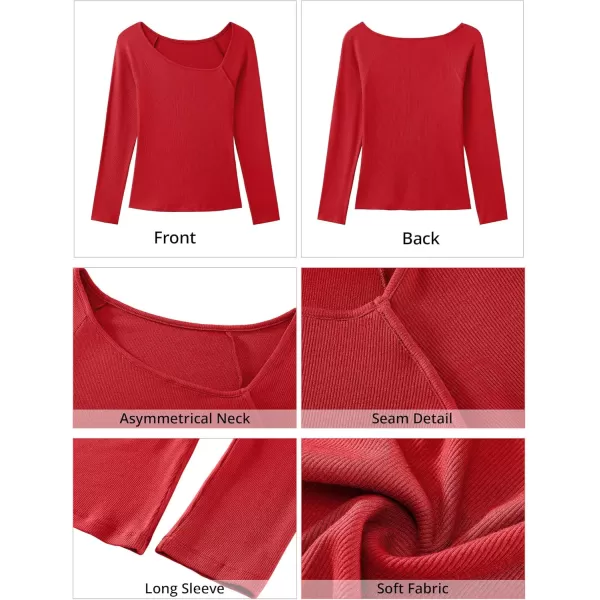 luvamia Womens Long Sleeve Tops Asymmetrical Neck Shirts Trendy Fall Clothes Going Out Stretchy Top Fitted BlousesRed