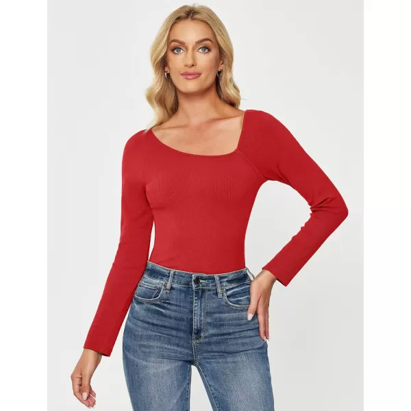 luvamia Womens Long Sleeve Tops Asymmetrical Neck Shirts Trendy Fall Clothes Going Out Stretchy Top Fitted BlousesRed