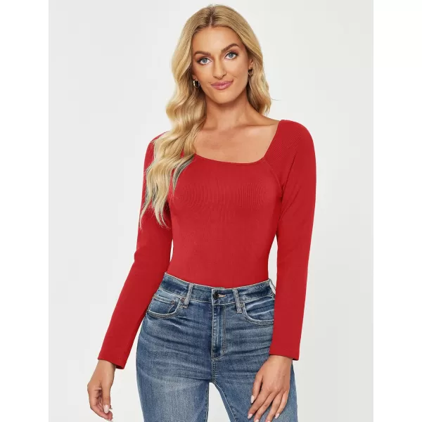 luvamia Womens Long Sleeve Tops Asymmetrical Neck Shirts Trendy Fall Clothes Going Out Stretchy Top Fitted BlousesRed