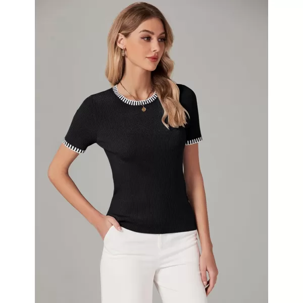 luvamia Womens Tops Trendy Business Casual Summer Short Sleeve Sweater Top Slim Fit Color Block Crewneck Ribbed Knit TeeBlack