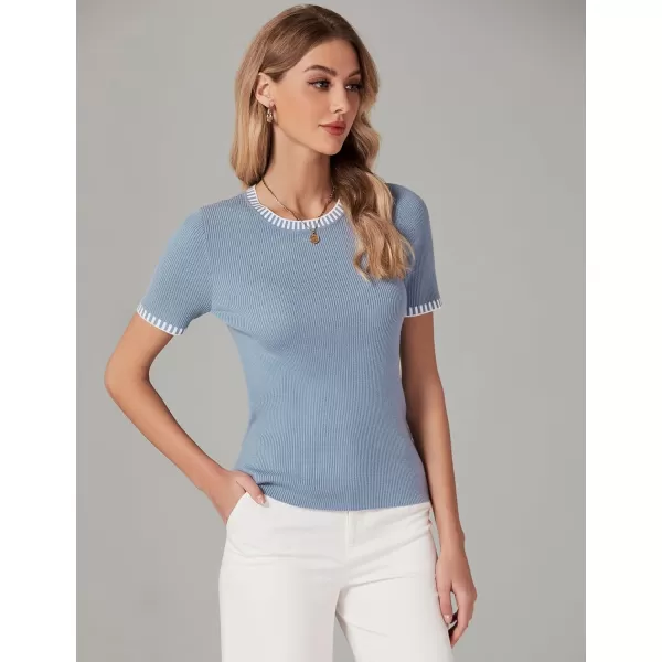 luvamia Womens Tops Trendy Business Casual Summer Short Sleeve Sweater Top Slim Fit Color Block Crewneck Ribbed Knit TeeBlue Gray