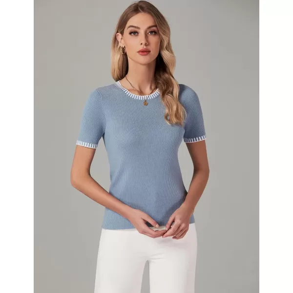 luvamia Womens Tops Trendy Business Casual Summer Short Sleeve Sweater Top Slim Fit Color Block Crewneck Ribbed Knit TeeBlue Gray