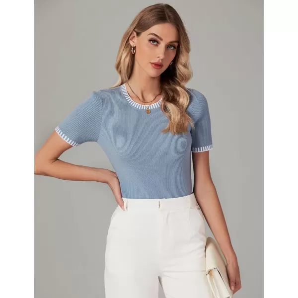 luvamia Womens Tops Trendy Business Casual Summer Short Sleeve Sweater Top Slim Fit Color Block Crewneck Ribbed Knit TeeBlue Gray