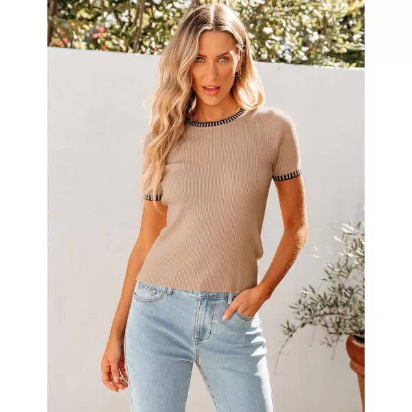 luvamia Womens Tops Trendy Business Casual Summer Short Sleeve Sweater Top Slim Fit Color Block Crewneck Ribbed Knit TeeCamel