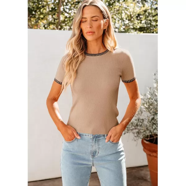 luvamia Womens Tops Trendy Business Casual Summer Short Sleeve Sweater Top Slim Fit Color Block Crewneck Ribbed Knit TeeCamel