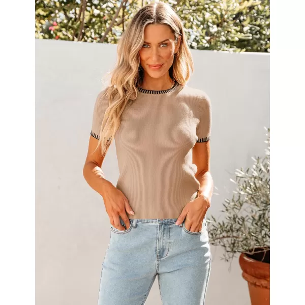 luvamia Womens Tops Trendy Business Casual Summer Short Sleeve Sweater Top Slim Fit Color Block Crewneck Ribbed Knit TeeCamel