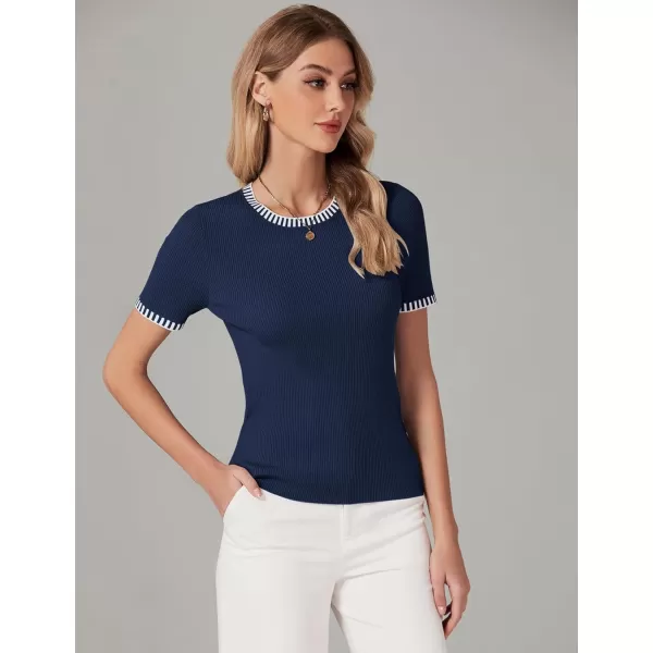 luvamia Womens Tops Trendy Business Casual Summer Short Sleeve Sweater Top Slim Fit Color Block Crewneck Ribbed Knit TeeDark Blue