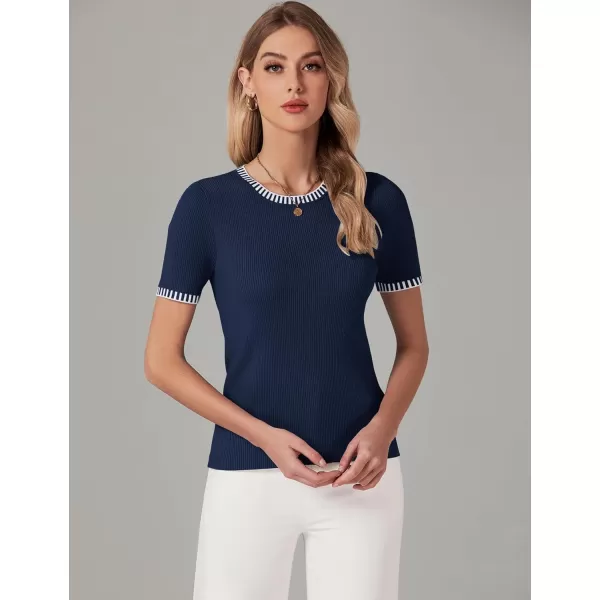 luvamia Womens Tops Trendy Business Casual Summer Short Sleeve Sweater Top Slim Fit Color Block Crewneck Ribbed Knit TeeDark Blue