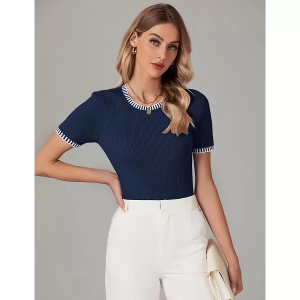 luvamia Womens Tops Trendy Business Casual Summer Short Sleeve Sweater Top Slim Fit Color Block Crewneck Ribbed Knit TeeDark Blue