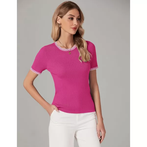 luvamia Womens Tops Trendy Business Casual Summer Short Sleeve Sweater Top Slim Fit Color Block Crewneck Ribbed Knit TeeHot Pink