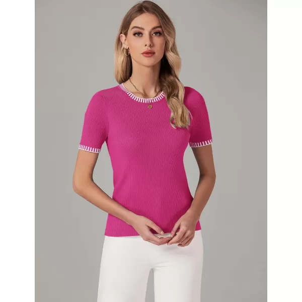 luvamia Womens Tops Trendy Business Casual Summer Short Sleeve Sweater Top Slim Fit Color Block Crewneck Ribbed Knit TeeHot Pink