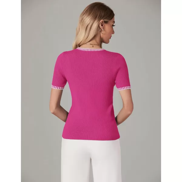 luvamia Womens Tops Trendy Business Casual Summer Short Sleeve Sweater Top Slim Fit Color Block Crewneck Ribbed Knit TeeHot Pink