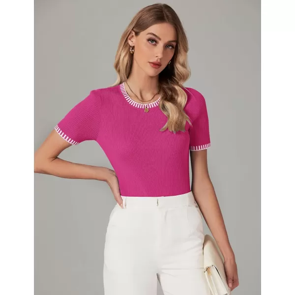 luvamia Womens Tops Trendy Business Casual Summer Short Sleeve Sweater Top Slim Fit Color Block Crewneck Ribbed Knit TeeHot Pink