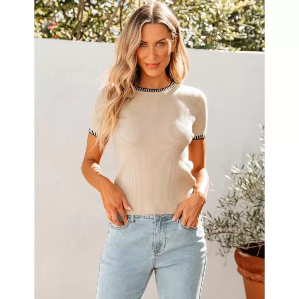 luvamia Womens Tops Trendy Business Casual Summer Short Sleeve Sweater Top Slim Fit Color Block Crewneck Ribbed Knit TeeLight Beige