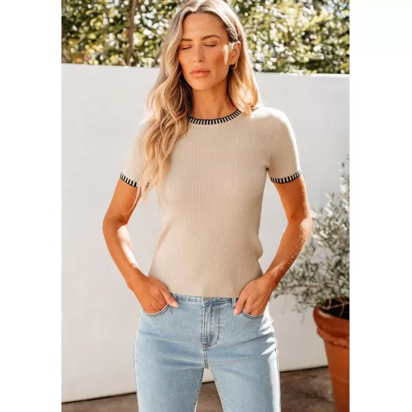 luvamia Womens Tops Trendy Business Casual Summer Short Sleeve Sweater Top Slim Fit Color Block Crewneck Ribbed Knit TeeLight Beige