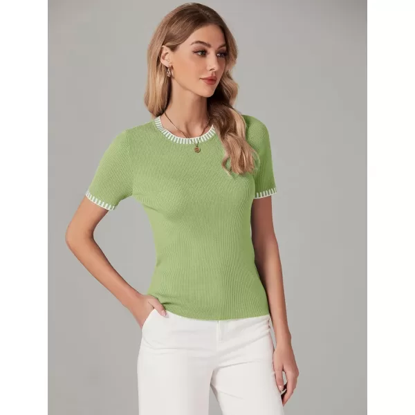 luvamia Womens Tops Trendy Business Casual Summer Short Sleeve Sweater Top Slim Fit Color Block Crewneck Ribbed Knit TeeTarragon Green