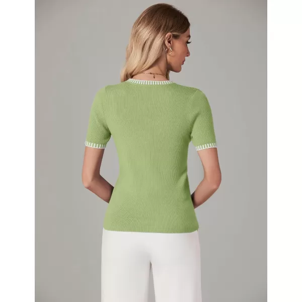 luvamia Womens Tops Trendy Business Casual Summer Short Sleeve Sweater Top Slim Fit Color Block Crewneck Ribbed Knit TeeTarragon Green