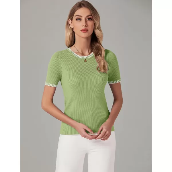 luvamia Womens Tops Trendy Business Casual Summer Short Sleeve Sweater Top Slim Fit Color Block Crewneck Ribbed Knit TeeTarragon Green