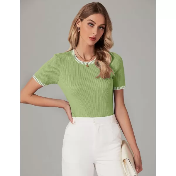 luvamia Womens Tops Trendy Business Casual Summer Short Sleeve Sweater Top Slim Fit Color Block Crewneck Ribbed Knit TeeTarragon Green