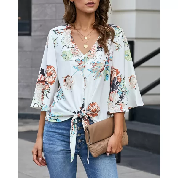 luvamia Womens V Neck Tops 34 Sleeve Tie Knot Floral Blouses Button Down ShirtsApricot