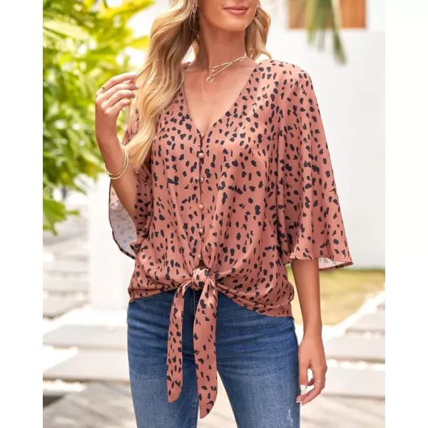 luvamia Womens V Neck Tops 34 Sleeve Tie Knot Floral Blouses Button Down ShirtsBrown Leopard Print