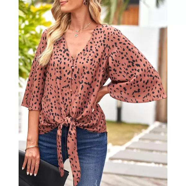 luvamia Womens V Neck Tops 34 Sleeve Tie Knot Floral Blouses Button Down ShirtsBrown Leopard Print