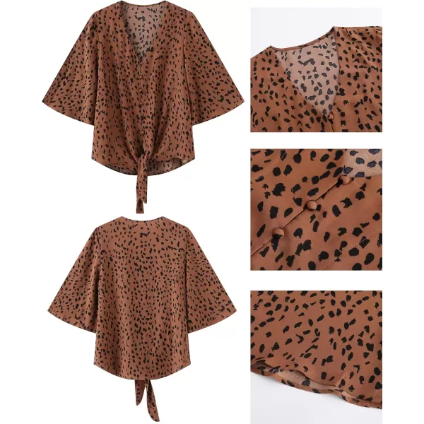 luvamia Womens V Neck Tops 34 Sleeve Tie Knot Floral Blouses Button Down ShirtsBrown Leopard Print