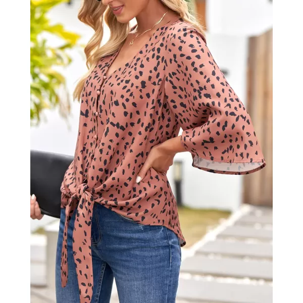 luvamia Womens V Neck Tops 34 Sleeve Tie Knot Floral Blouses Button Down ShirtsBrown Leopard Print