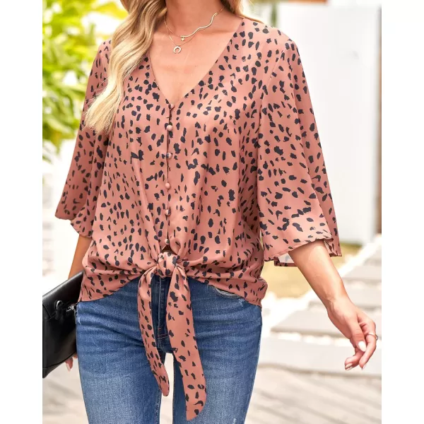 luvamia Womens V Neck Tops 34 Sleeve Tie Knot Floral Blouses Button Down ShirtsBrown Leopard Print